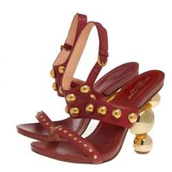 Sergio Rossi Red Leather Embellished Ankle Strap Sandals Size 37.5