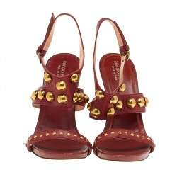 Sergio Rossi Red Leather Embellished Ankle Strap Sandals Size 37.5