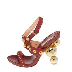 Sergio Rossi Red Leather Embellished Ankle Strap Sandals Size 37.5