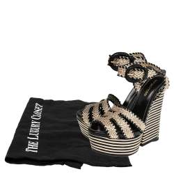 Sergio Rossi Gold/Black Leather Braided Ankle Strap Wedges Sandal Size 35