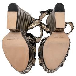 Sergio Rossi Gold/Black Leather Braided Ankle Strap Wedges Sandal Size 35