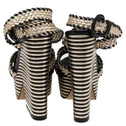 Sergio Rossi Gold/Black Leather Braided Ankle Strap Wedges Sandal Size 35