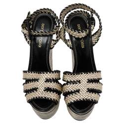 Sergio Rossi Gold/Black Leather Braided Ankle Strap Wedges Sandal Size 35