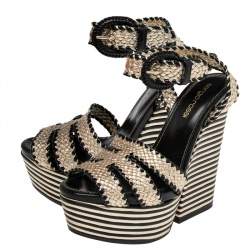 Sergio Rossi Gold/Black Leather Braided Ankle Strap Wedges Sandal Size 35