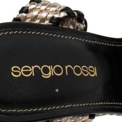 Sergio Rossi Gold/Black Leather Braided Ankle Strap Wedges Sandal Size 35