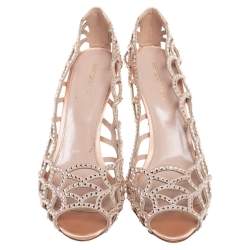 مملوكة مسبقًا حذاء كعب عالى سيرجيو روسي مقدمة مفتوحة متعرج قصة ساتان وسويدى بيج مقاس 40