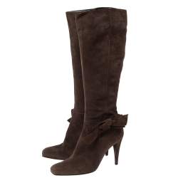 Pre Owned Sergio Rossi Brown Suede Bow Knee High Boots Size 39
