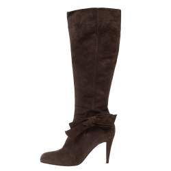 Pre Owned Sergio Rossi Brown Suede Bow Knee High Boots Size 39