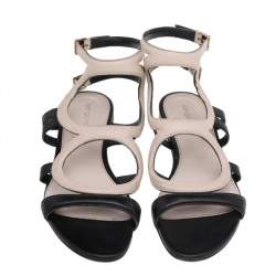 Sergio Rossi Beige/Black Leather Flat Ankle Strap Sandals Size 40