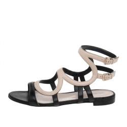 Sergio Rossi Beige/Black Leather Flat Ankle Strap Sandals Size 40