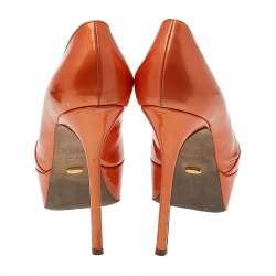 Sergio Rossi Orange Patent Leather Peep Toe Platform Pumps Size 36.5