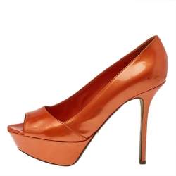 Sergio Rossi Orange Patent Leather Peep Toe Platform Pumps Size 36.5