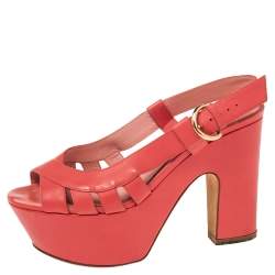 Sergio Rossi Red Leather Platform Block Heel Slingback Sandals Size 36
