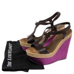 Sergio Rossi Brown/Pink Leather And Satin Ankle Strap Wedge Sandals Size 38