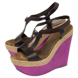 Sergio Rossi Brown/Pink Leather And Satin Ankle Strap Wedge Sandals Size 38