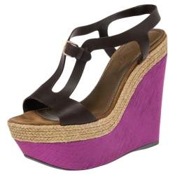 Sergio Rossi Brown/Pink Leather And Satin Ankle Strap Wedge Sandals Size 38