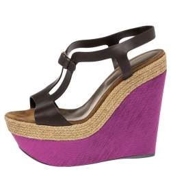 Sergio Rossi Brown/Pink Leather And Satin Ankle Strap Wedge Sandals Size 38