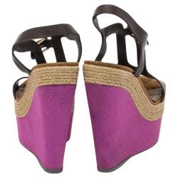 Sergio Rossi Brown/Pink Leather And Satin Ankle Strap Wedge Sandals Size 38