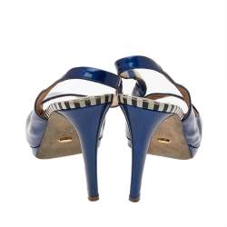 Sergio Rossi Blue Patent Leather Peep Toe Slingback Sandals Size 40