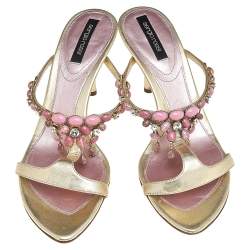 Sergio Rossi Gold Leather Crystal Embellished Sandals Size 39