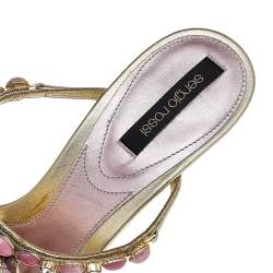 Sergio Rossi Gold Leather Crystal Embellished Sandals Size 39