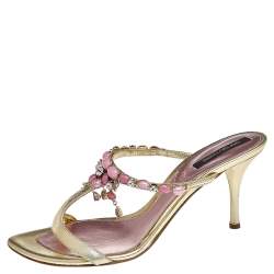 Sergio Rossi Gold Leather Crystal Embellished Sandals Size 39