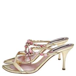 Sergio Rossi Gold Leather Crystal Embellished Sandals Size 39