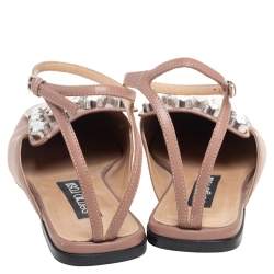 Pre Owned Sergio Rossi Beige Leather Crystal Embellished Ankle Strap Flats Size 38
