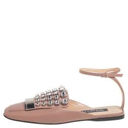 Pre Owned Sergio Rossi Beige Leather Crystal Embellished Ankle Strap Flats Size 38