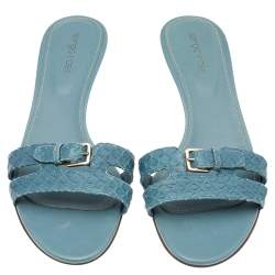 Sergio Rossi Blue Python Embossed Leather Buckle Detail Slide Sandals Size 38.5