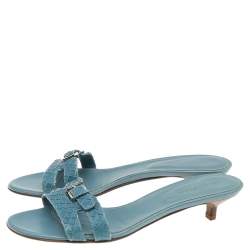 Sergio Rossi Blue Python Embossed Leather Buckle Detail Slide Sandals Size 38.5
