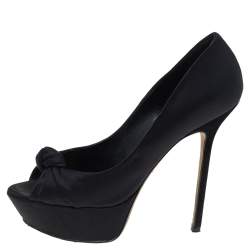 Sergio Rossi Black Satin Knotted Peep Toe Platform Pumps Size 38