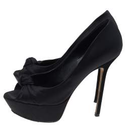 Sergio Rossi Black Satin Knotted Peep Toe Platform Pumps Size 38