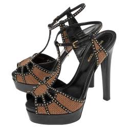 Pre Owned Sergio Rossi Brown/Black  Leather Platform Ankle Strap Sandals Size 37