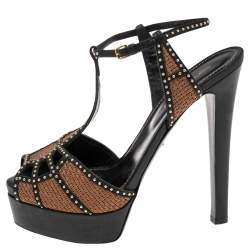 Pre Owned Sergio Rossi Brown/Black  Leather Platform Ankle Strap Sandals Size 37