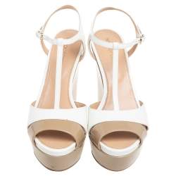 Sergio Rossi Beige/White Patent Leather T-Strap Platform Sandals Size 38