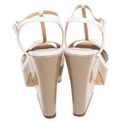 Sergio Rossi Beige/White Patent Leather T-Strap Platform Sandals Size 38