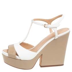 Sergio Rossi Beige/White Patent Leather T-Strap Platform Sandals Size 38