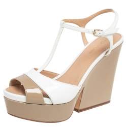 Sergio Rossi Beige/White Patent Leather T-Strap Platform Sandals Size 38