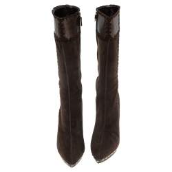 Pre Owned Sergio Rossi Brown Suede And Lizard Embossed Leather Knee Length Boots Size 41