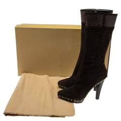 Pre Owned Sergio Rossi Brown Suede And Lizard Embossed Leather Knee Length Boots Size 41