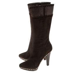 Pre Owned Sergio Rossi Brown Suede And Lizard Embossed Leather Knee Length Boots Size 41