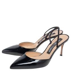 Pre Owned صندل سيرجيو روسي جلد أسود لامع بمقدمة مدببة وحزام كاحل مقاس 39.5