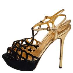 Pre Owned صندل سيرجيو روسي جلد وسويدي ذهبي/أسود سير كاحل نعل سميك مقاس 40