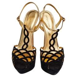 Pre Owned صندل سيرجيو روسي جلد وسويدي ذهبي/أسود سير كاحل نعل سميك مقاس 40