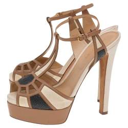 Sergio Rossi Multicolor Stingray Embossed Leather, Leather, and Suede Ankle Strap Platform Sandals Size 37.5