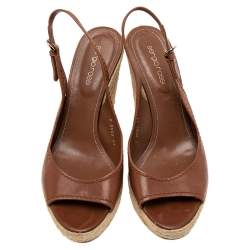 Pre Owned Sergio Rossi Brown Leather Espadrille Wedge Slingback Sandals Size 41
