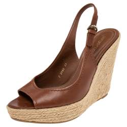 Pre Owned Sergio Rossi Brown Leather Espadrille Wedge Slingback Sandals Size 41