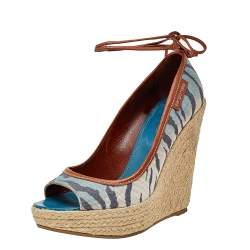 Sergio Rossi Multicolor Printed Canvas And Leather Espadrille Platform Wedge Pumps Size 37.5