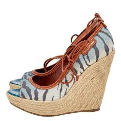 Sergio Rossi Multicolor Printed Canvas And Leather Espadrille Platform Wedge Pumps Size 37.5